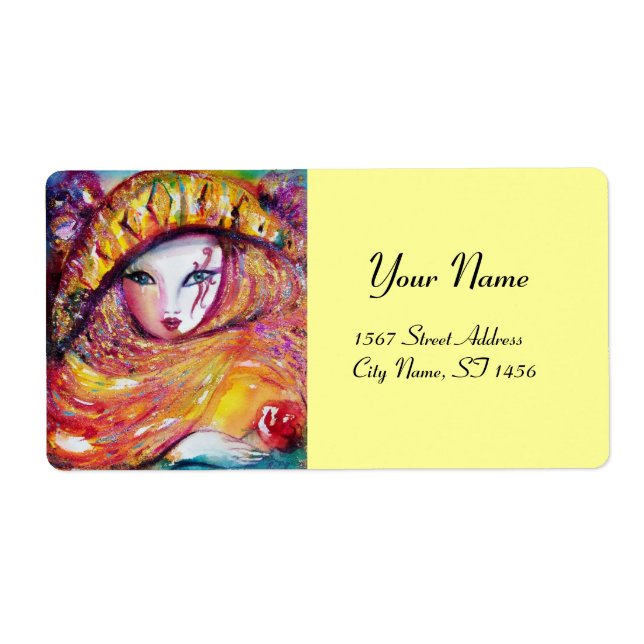 CARNIVAL MASK IN YELLOW WITH RED ROSE LABEL (Front)