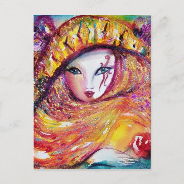 CARNIVAL MASK IN YELLOW WITH RED ROSE POSTCARD (Front)