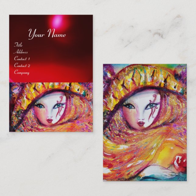 CARNIVAL MASK IN YELLOW WITH RED ROSE  Ruby Business Card (Front/Back)