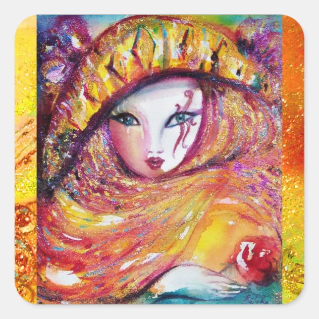 CARNIVAL MASK IN YELLOW WITH RED ROSE SQUARE STICKER (Front)