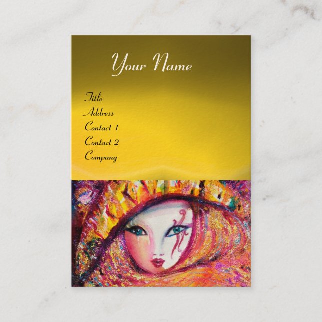 CARNIVAL MASK IN YELLOW WITH RED ROSE ,Topaz Business Card (Front)