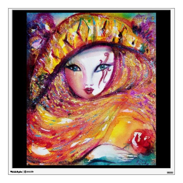 CARNIVAL MASK IN YELLOW WITH RED ROSE WALL DECAL (Front)