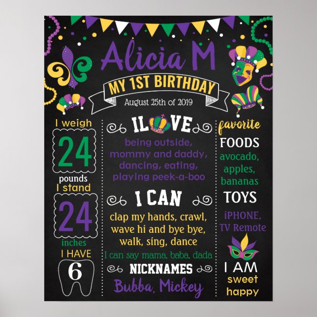 Carnival mask Mardi Gras First Birthday chalkboard Poster (Front)