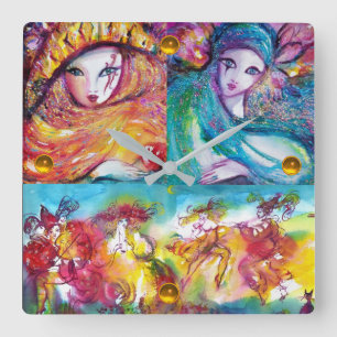 CARNIVAL NIGHT Masquerade Masks ,Dance and Music Square Wall Clock
