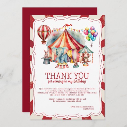 Carnival Party Circus Show  Animals Birthday Thank You Card