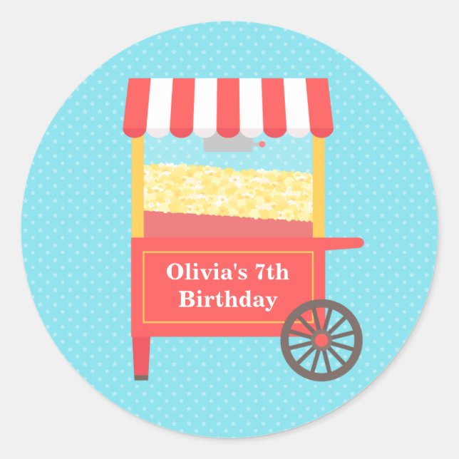 Carnival Popcorn Kids Birthday Party Stickers (Front)