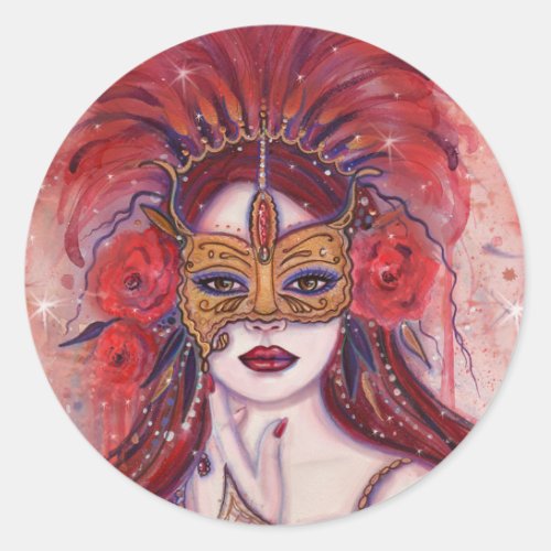 Carnival red fantasy woman in mask by Renee Lavoie Classic Round Sticker