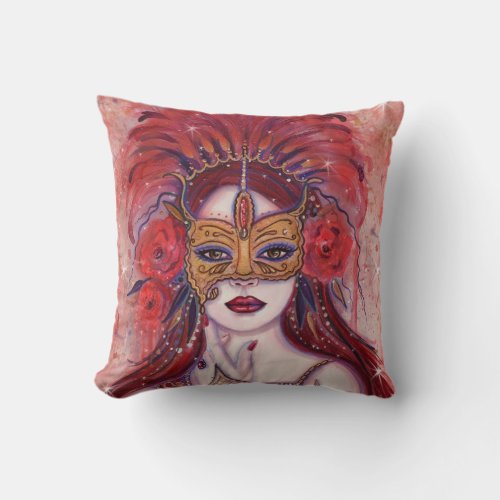 Carnival red fantasy woman in mask by Renee Lavoie Throw Pillow