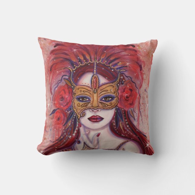 Carnival red fantasy woman in mask by Renee Lavoie Throw Pillow (Front)