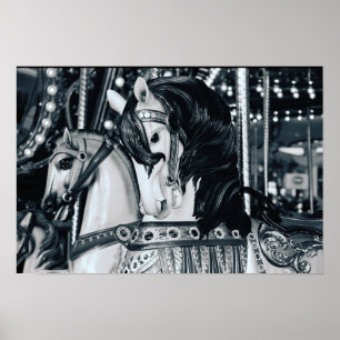 Carnival Ride Horse Carousel - Black & White Photo Poster