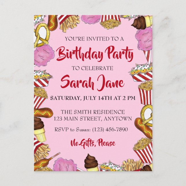 Carnival State Fair Foods Birthday Party Invitation Postcard (Front)