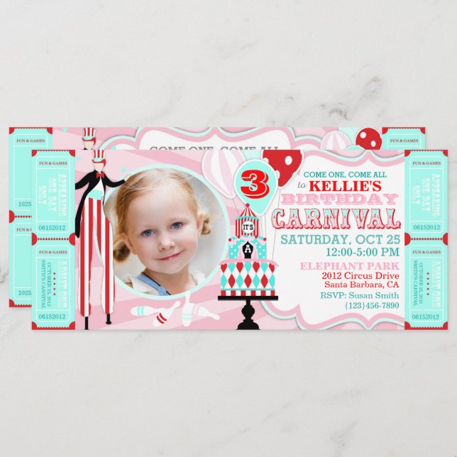 Carnival Tent Cake Birthday Invitations (Front/Back)