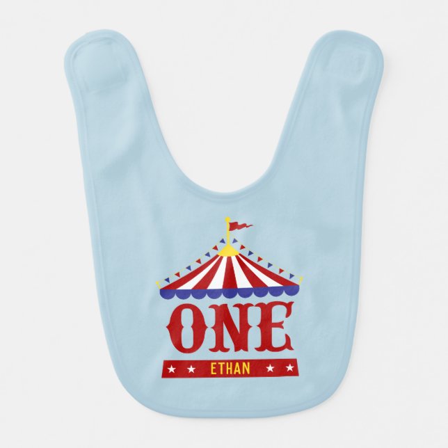 Carnival Theme Custom 1st Birthday Circus Blue Baby Bib (Front)
