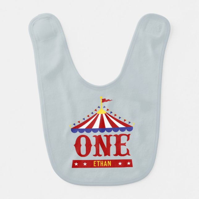 Carnival Theme Custom 1st Birthday Circus Gray Baby Bib (Front)