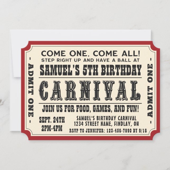 Carnival Ticket Admit One Birthday Party, Any Age Invitation (Front)