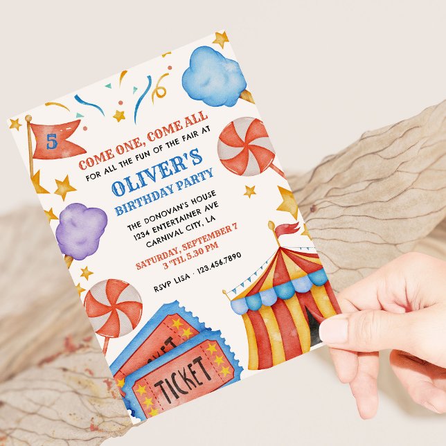 Carnival Ticket and Candy Kids Birthday Party Invitation (Circus carnival theme kids birthday party invitation)