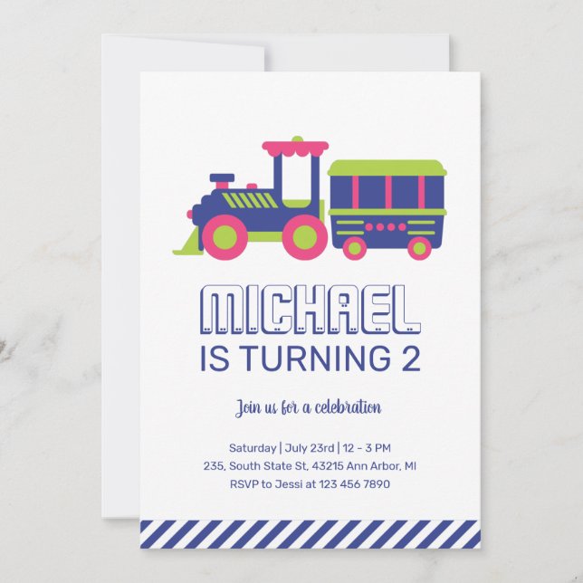 Carnival Train Blue and Green Kids Boys Birthday Invitation (Front)