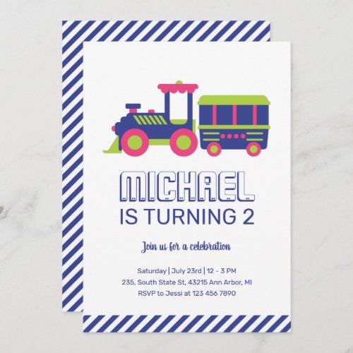 Carnival Train Blue and Green Kids Boys Birthday Invitation