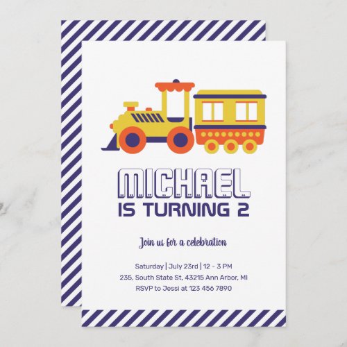 Carnival Train Purple Yellow Kids Boys Birthday Invitation