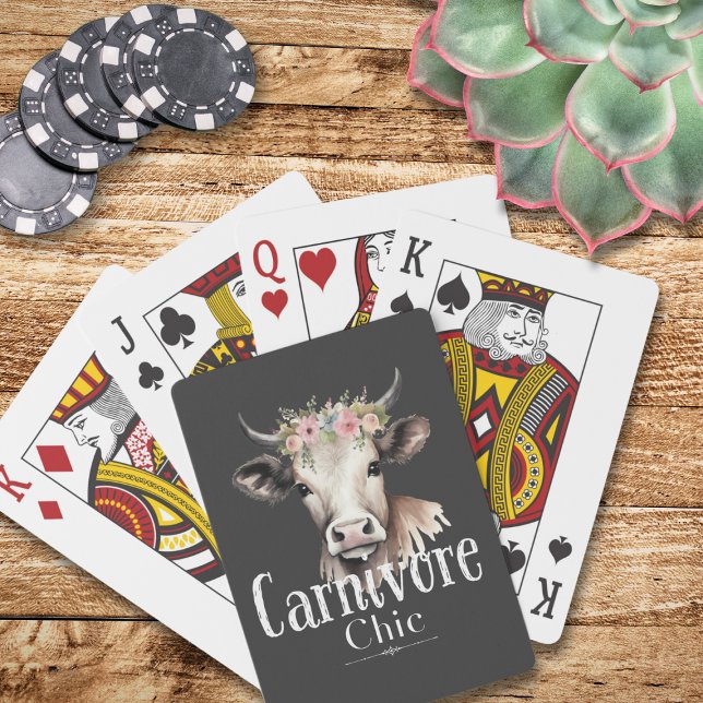 Carnivore Chic Cute Pastel Floral Cow  Poker Cards (Carnivore Chic: Where whimsical meets wild in every hand. Play with flair, deal with style!)
