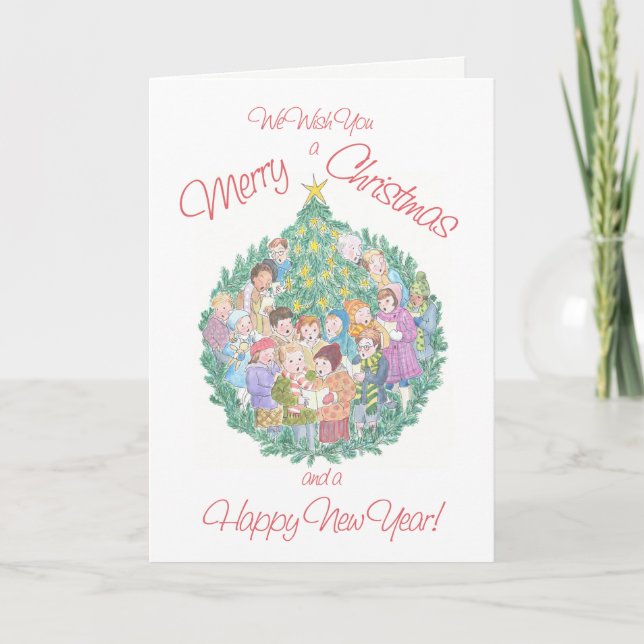 Carol Singers and Christmas Tree with Stars Holiday Card (Front)