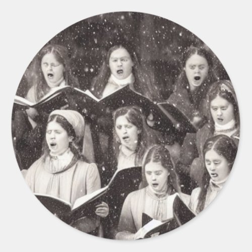 Carol singers in black and white classic round sticker
