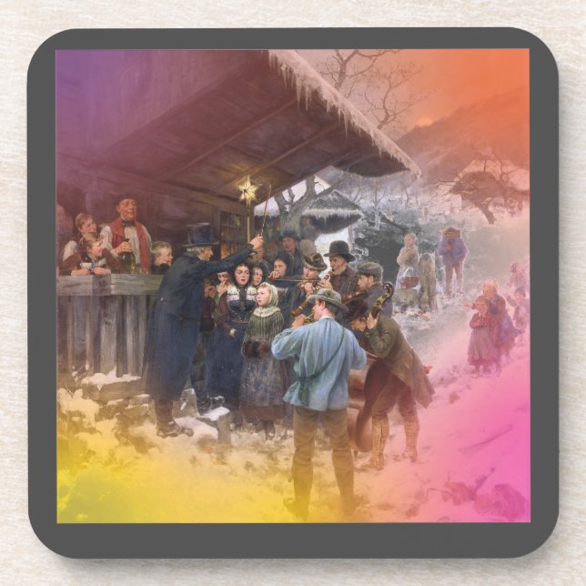 Carol singers in Victorian times winter scene. Beverage Coaster (Front)