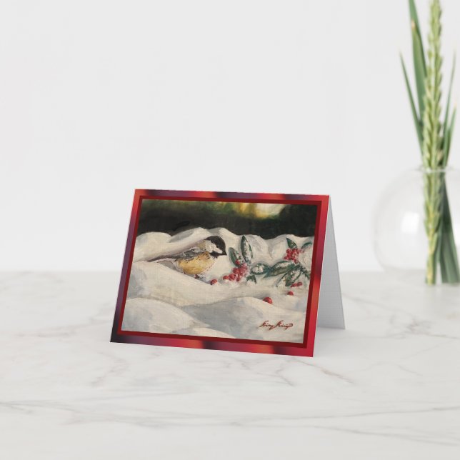 Carol the Chick-a-Dee with Mistletoe: Blank Card (Front)