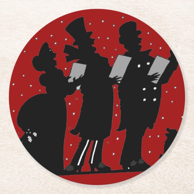 Carolers in Silhouette Christmas Round Paper Coaster (Front)
