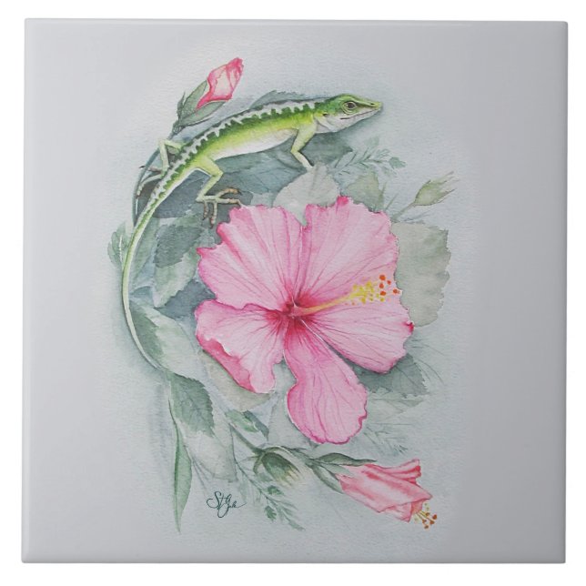  Carolina Anole & Hibiscus Ceramic Tile (Front)