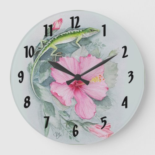 Carolina Anole  Hibiscus Large Clock