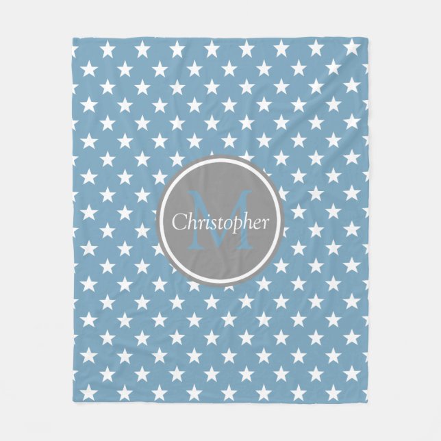 Carolina Blue and Dove Grey Stars Monogram Fleece Blanket (Front)