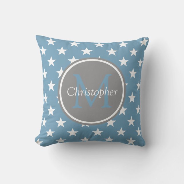 Carolina Blue and Dove Grey Stars Monogram Throw Pillow (Front)
