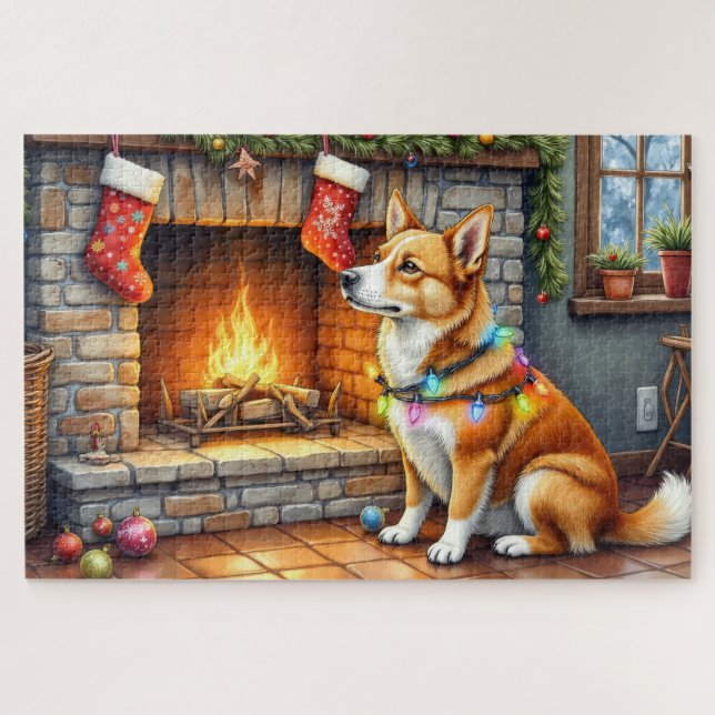 Carolina Dog Fireplace with Christmas Lights Jigsaw Puzzle (Horizontal)