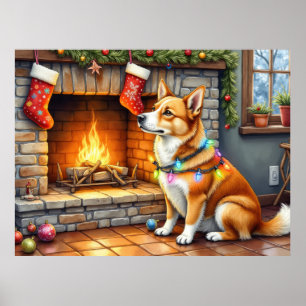 Carolina Dog Fireplace with Christmas Lights Poster