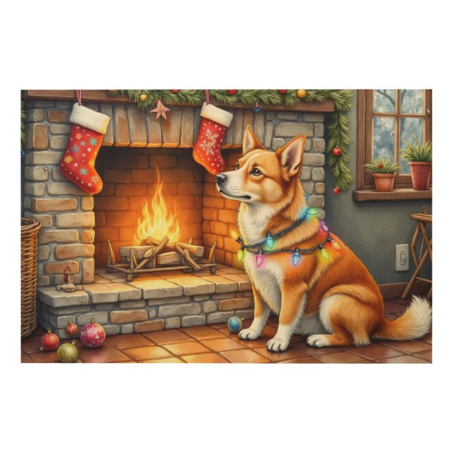 Carolina Dog Fireplace with Christmas Lights Wood Wall Art (Front)