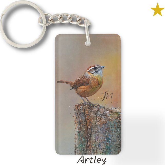 Carolina Wren Bird Painting Custom Initial Birder  Keychain (Creator Uploaded)
