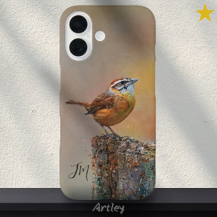 Carolina Wren Bird Painting Initials Custom Name iPhone 16 Case