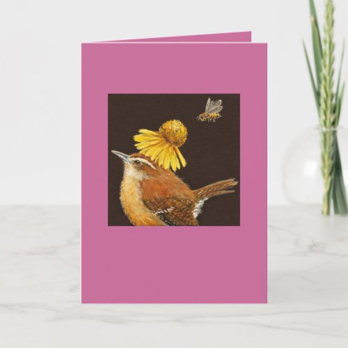 Carolina wren card with bee and flower