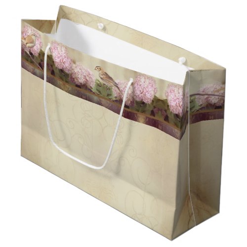 Carolina Wren Hydrangea Blush Pink Gold Vintage Large Gift Bag