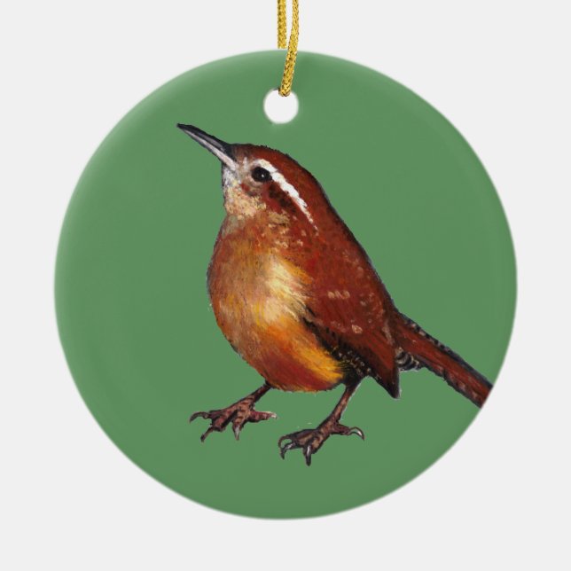 Carolina Wren in Oil Pastel: Bird, Wildlife Art Ceramic Ornament (Front)