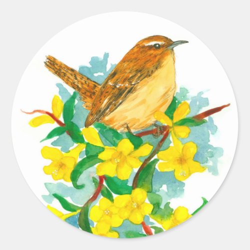 Carolina Wren Jessamine Watercolor Flowers Classic Round Sticker