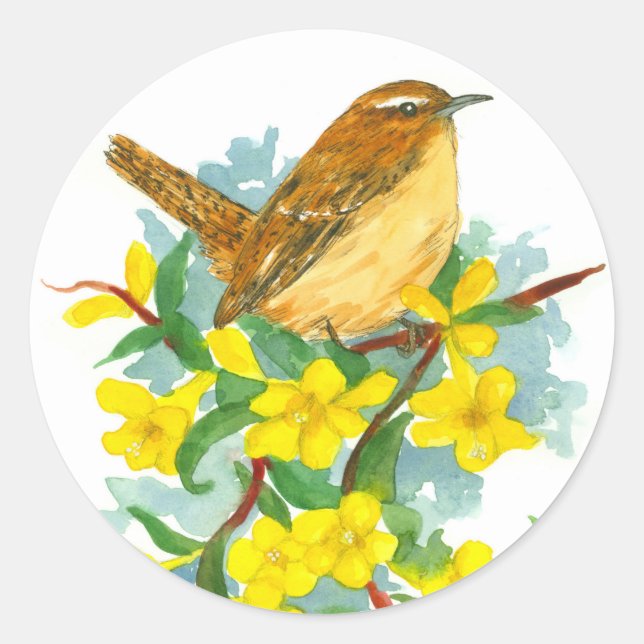 Carolina Wren Jessamine Watercolor Flowers Classic Round Sticker (Front)