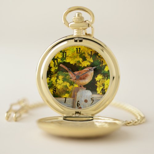 Carolina Wren Painting _ Original Wild Bird Art Pocket Watch