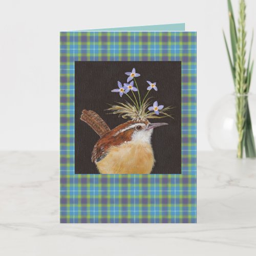 Carolina wren with bluets on plaid card