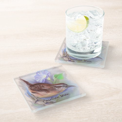 Carolina Wren with Morning Glory Flowers Glass Coaster