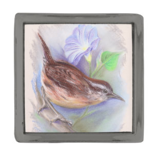 Carolina Wren with Morning Glory Flowers Gunmetal Finish Lapel Pin