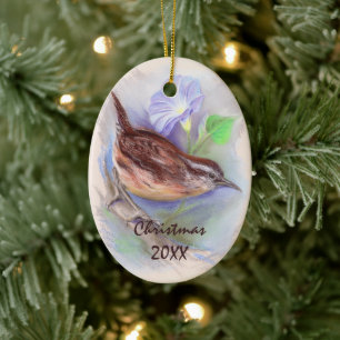 Carolina Wren with Morning Glory Flowers Holiday Ceramic Ornament