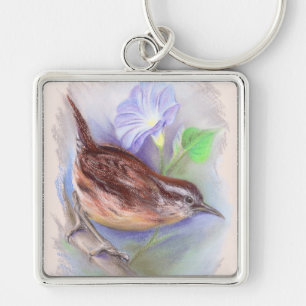Carolina Wren with Morning Glory Flowers Keychain