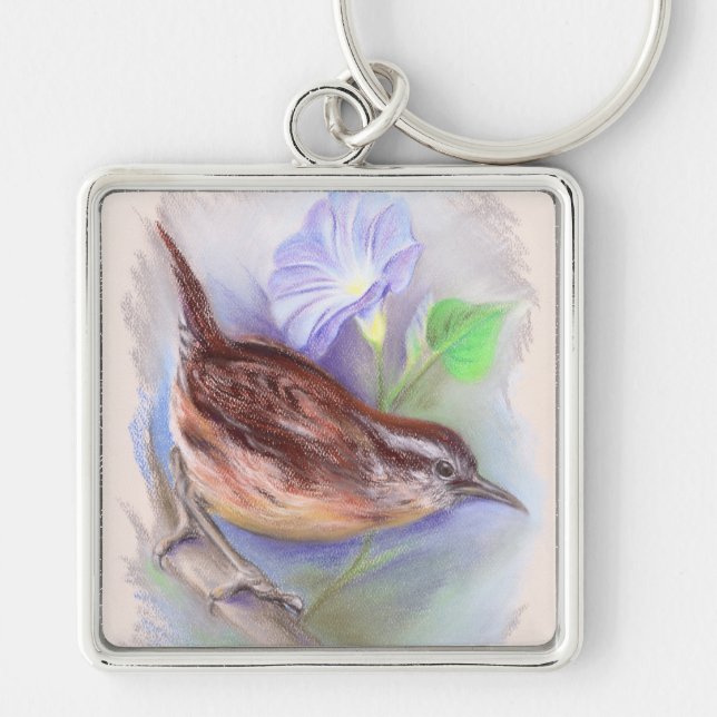 Carolina Wren with Morning Glory Flowers Keychain (Front)